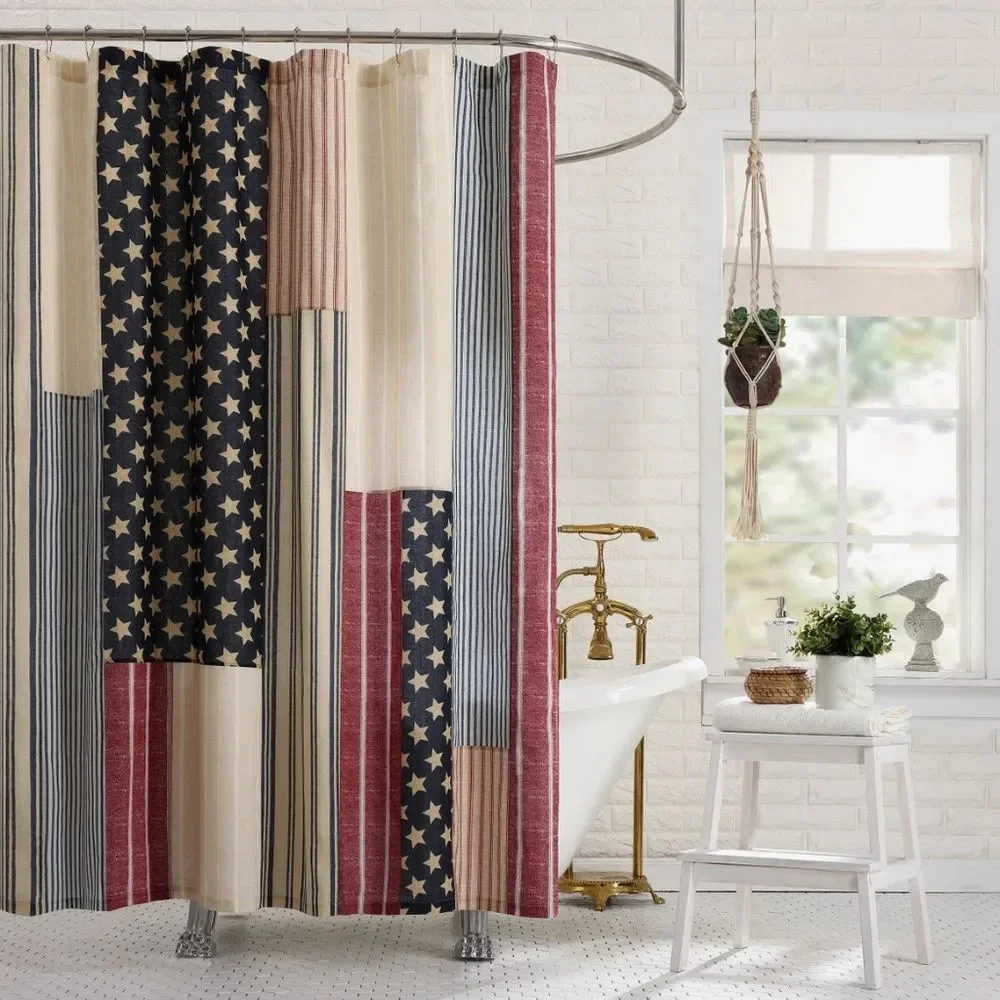 Americana Stars Stripes 100% Cotton Fabric Shower Curtain Farmhouse Cottagecore